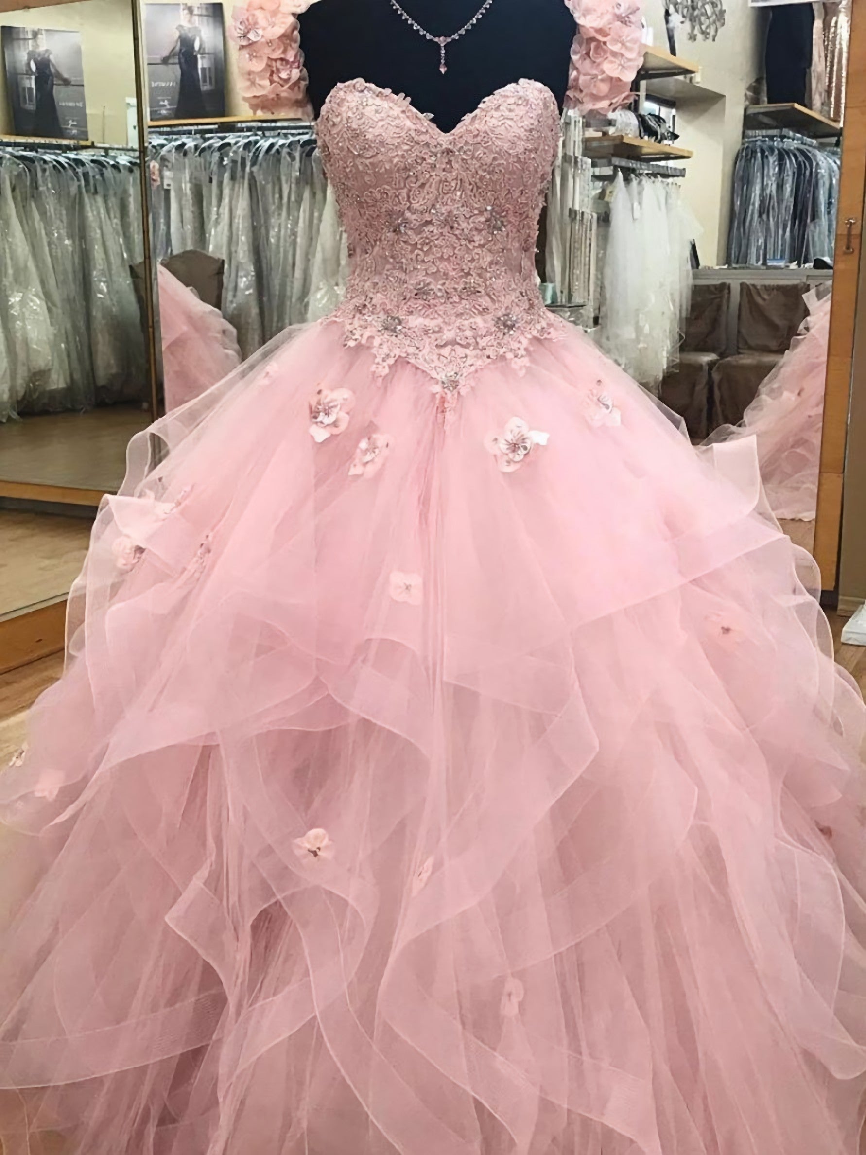 Pink Sweetheart Neck Tulle Lace Long Prom Dress Sweet 16 Dress