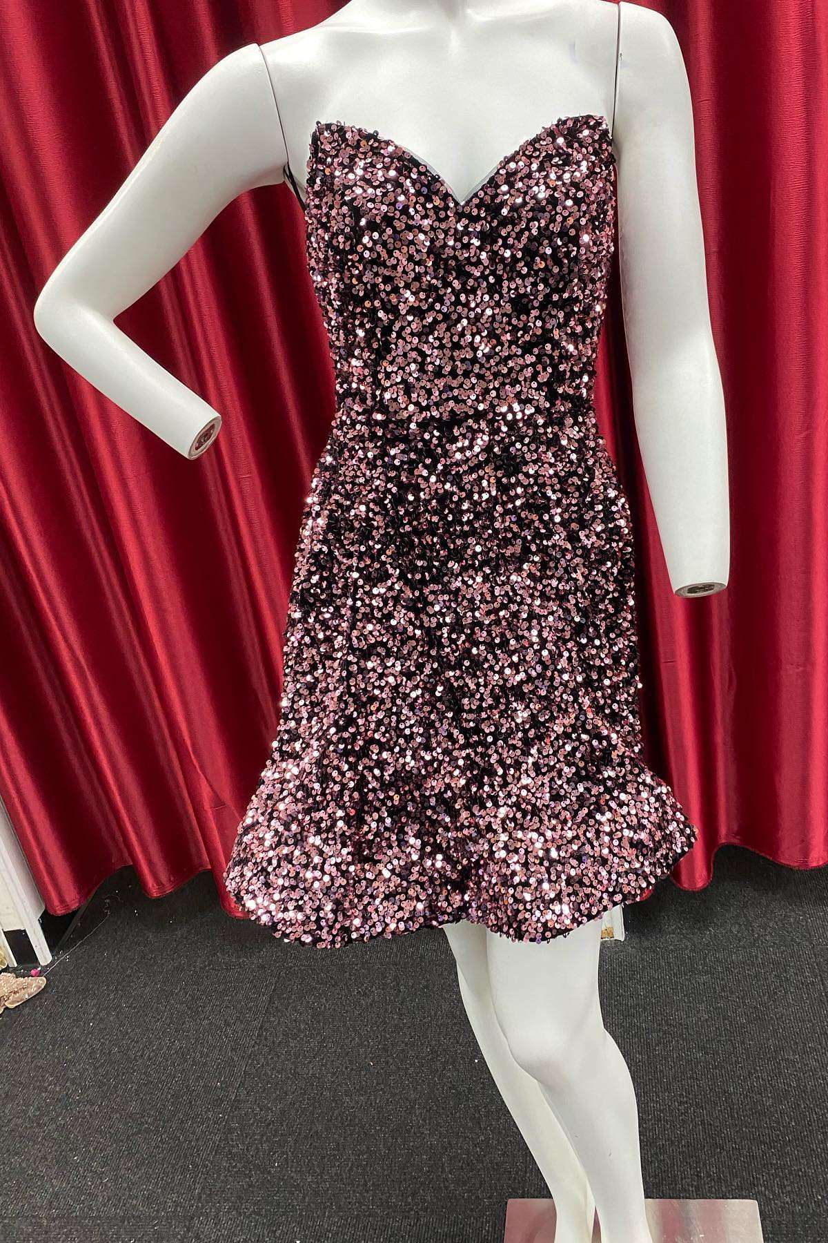 Dark Pink Sequin Strapless A-Line Homecoming Dress
