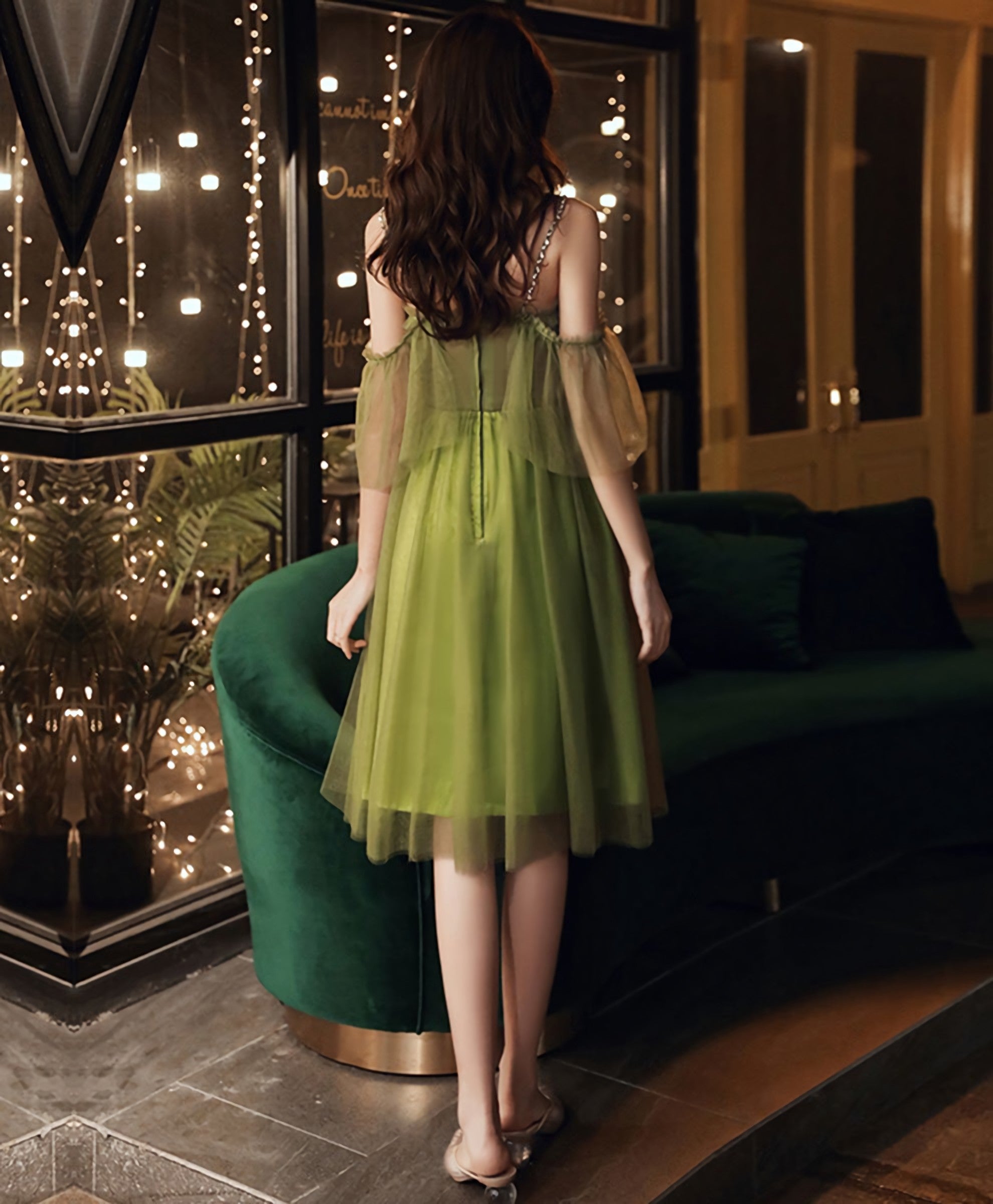 Simple Green Tulle Short Prom Dress, Green Evening Dress