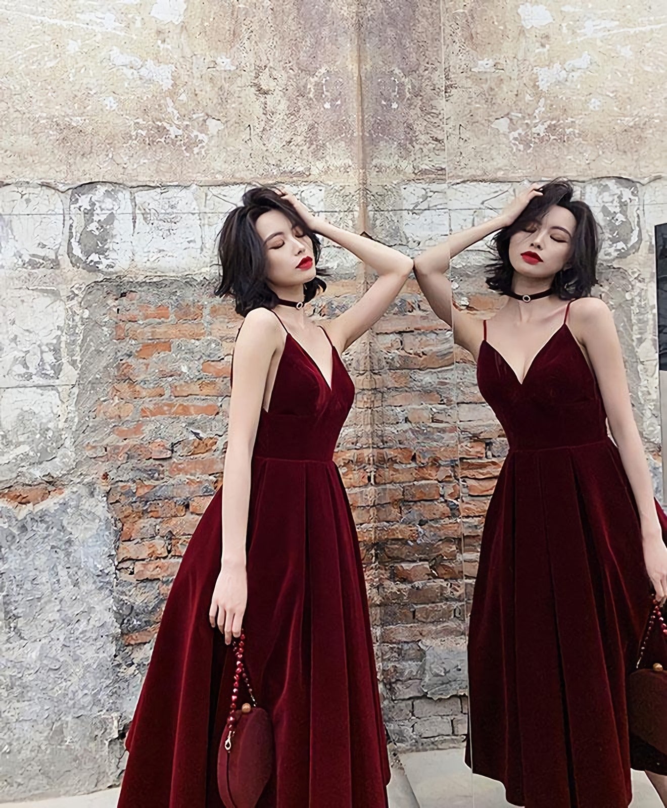 Simple Burgundy Tea Length Prom Dress, Burgundy Bridesmaid Dress