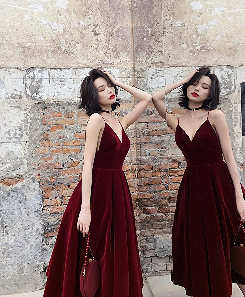 Simple Burgundy Tea Length Prom Dress, Burgundy Bridesmaid Dress