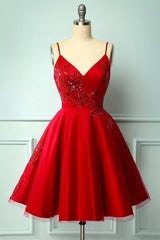 red a line prom party dress with spaghetti straps