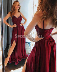 Sexy Burgundy Spaghetti Straps Lace Side Slit A Line Cheap Long Prom Dresses