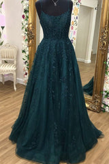 A Line Dark Green Tulle Lace Long Evening Dress, Dark Green Lace Formal Prom Dresses