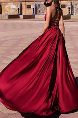 Um vestido de noite de cetim de cetim sem costas da linha V de pescoço V com dupla fenda sem nas costas Borgonha vestidos de baile formal