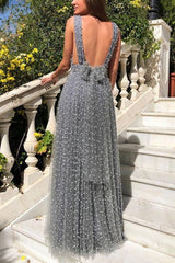 A Line V Neck Floor Length Gray Tulle Beaded Long Evening Dress, Beaded Gray Formal Prom Dresses