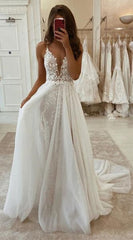 A LINHE V Neck Ivory Lace Vestido de noiva de longa noite com vestidos formais de renda de marfim de fenda alta