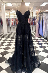 Линия V шея длинное черное кружевное вечернее платье, черные кружевные платья для выпускного вечера