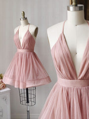 A Line V Neck Short Pink Tulle Prom Dresses Short Pink Tulle Formal Homecoming Dresses