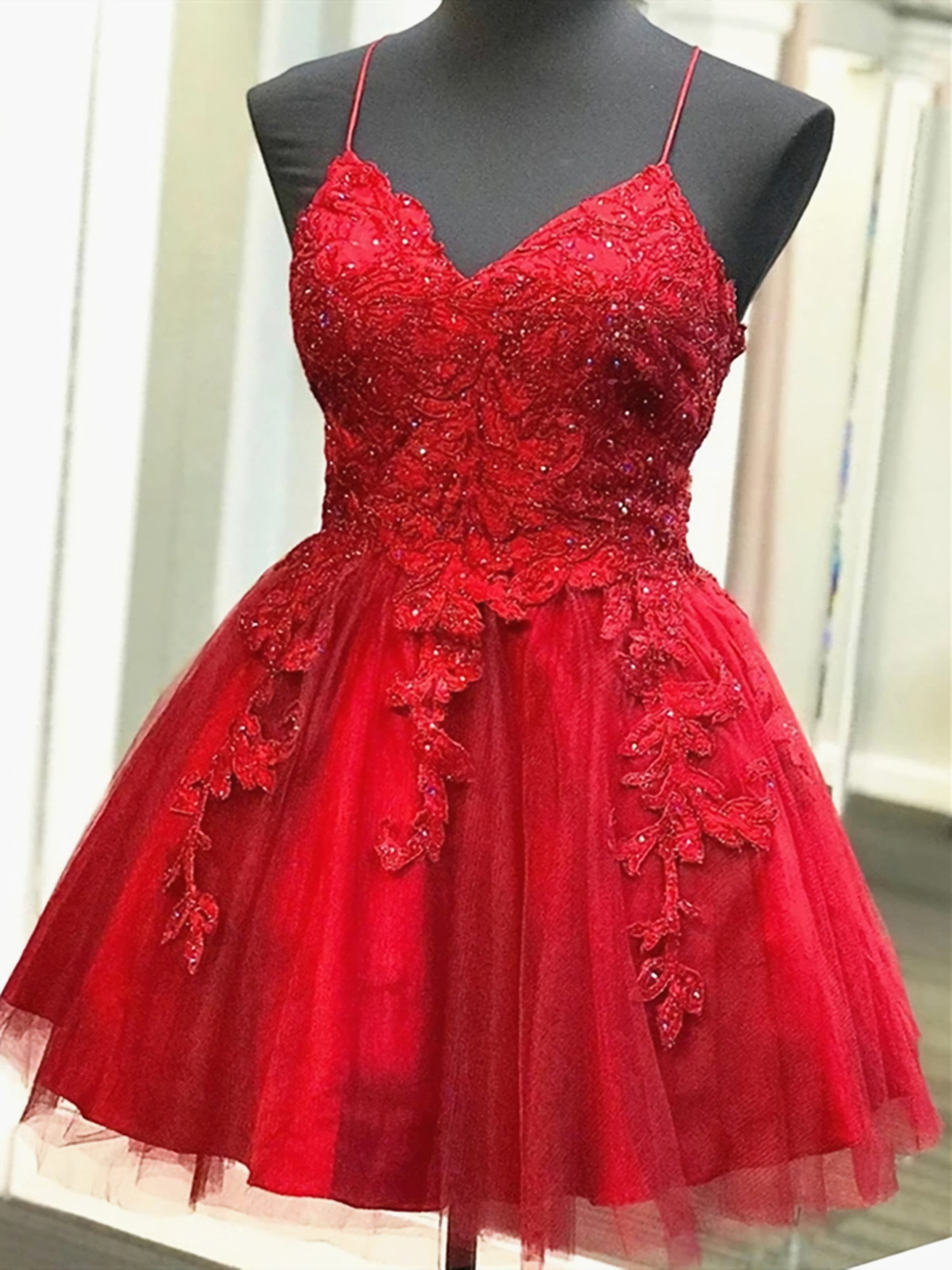 A Line V Neck Short Backless Red Lace Prom Dresses Short Red Backless Lace Formal Homecoming Dresses
