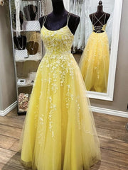 Backless Yellow Lace Formal Prom Dresses