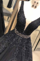 Ball Gown Straps Black V Neck Lace Appliques Prom Dresses, Beads V Back Dance Dress