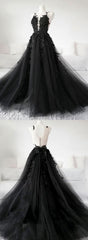 Chic Black Tulle Applique Long Prom Dress, Black Evening Dress