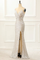 Champagne Mermaid Sequin Prom Dress with Slit
