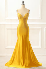 Yellow Satin Mermaid Glitter Prom Dress with Beading