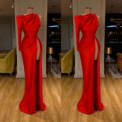 Rochie de prom roșu cu mâneci lungi cu un umăr, cu un umăr