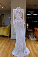 Sparkle White -pailletten lange mouwen geplooide lange prom -jurk