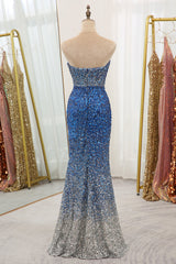 Sparkly Ombre Blue Mermaid Strapless Long Sequin Prom Dress