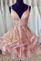 A Line Spaghetti Straps Lace Up V Neck Pink Homecoming Dress, With Sequins
