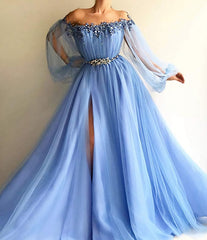 Custom Made Long Sleeves Baby Blue Tulle Long Prom Dress, With Slit Baby Blue Formal Dress, Blue Long Sleeves Evening Dress
