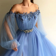 Custom Made Long Sleeves Baby Blue Tulle Long Prom Dress, With Slit Baby Blue Formal Dress, Blue Long Sleeves Evening Dress