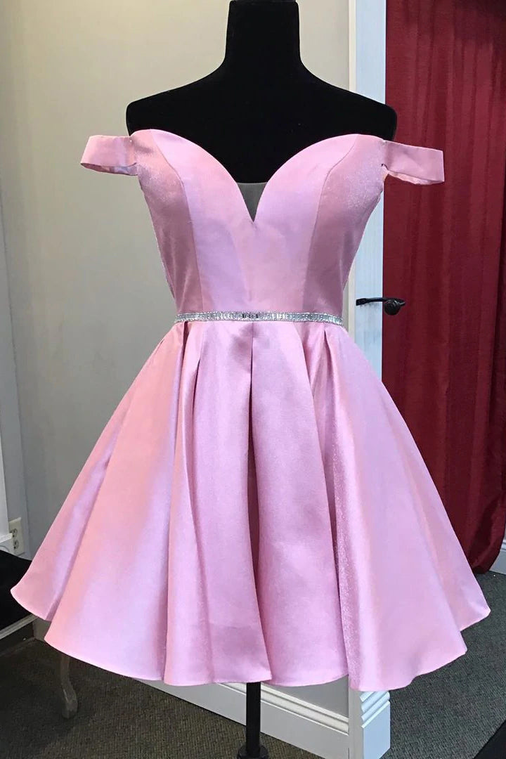 A-Line Off the Shoulder Pink Homecoming Dresses With Beaded Waist