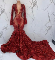 Black Girl Prom Dresses, Sexy Deep V Neck Appliques Prom Dress, Feather Long Sleeve Mermaid Evening Gowns