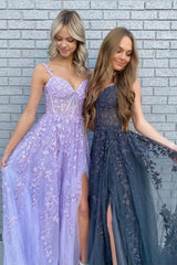 Elegant Ivory Purple Black Mint Green Lace Tulle Long Evening Dress With High Slit Lace Formal Prom Dresses