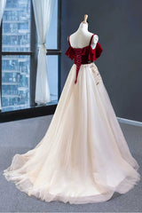 Elegant Straps Tulle With Velvet Red Long Prom Formal Dress Maxi Dresses