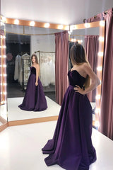 A-Line Purple Velvet Satin Sweetheart Long Prom Dresses With Pockets