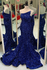 Strapless Royal Blue Sequins Mermaid Long Formal Dress