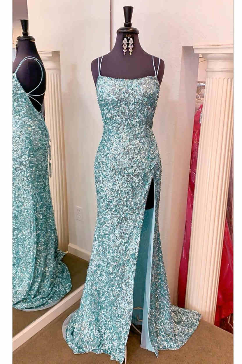 Sparkle Tiffany Blue Sequins Long Prom Dress with Slit