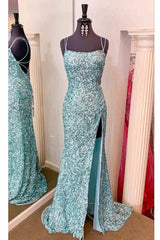 Sparkle Tiffany Blue Sequins Long Prom Dress Outfits For Women with Slit