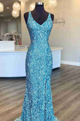 Glitter V-Neck Tiffany Blue Mermaid Prom Dreess