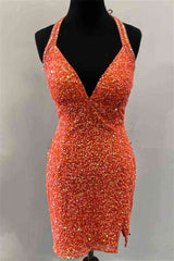 Halter Orange Sequins Bodycon Homecoming Dress Outfits For Women with Tassel