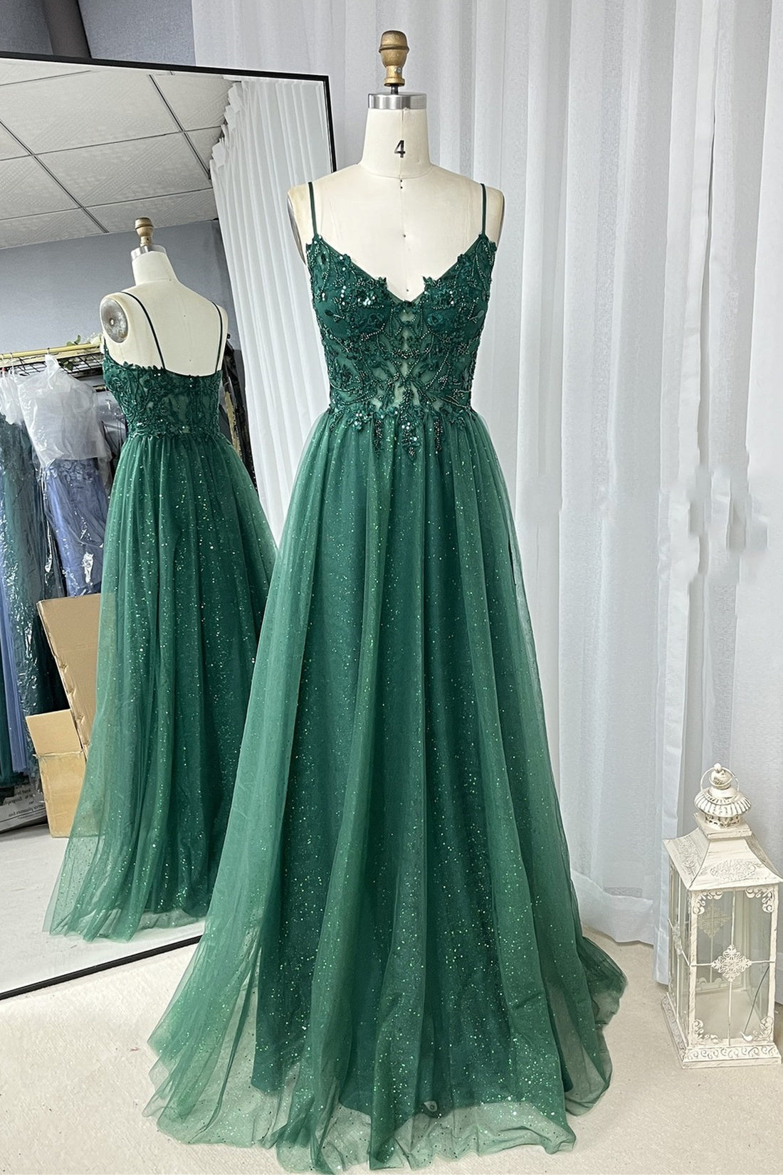 Hunter Green A-line Beaded Applique Straps Tulle Long Prom Dress