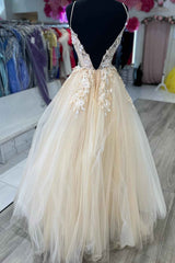 V-Neck Champagne Appliques Long Prom Dress with Straps