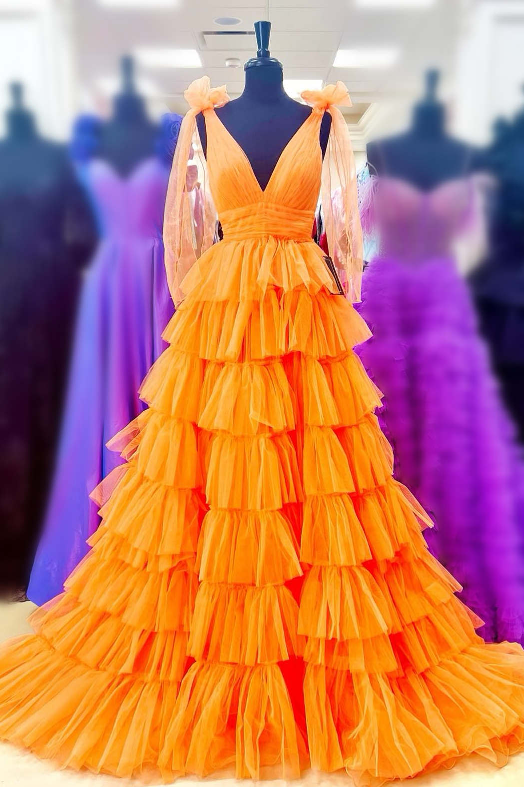 Bow Straps Orange V-Neck Ruffled Tulle Long Prom Dress with Slit