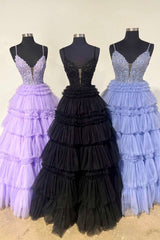 Plunging V-Neck Straps Appliques Layered Prom Dress