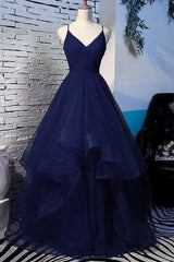 Fluffy V Neck Navy Blue Long Evening Dress with Straps V Neck Navy Blue Formal Dresses
