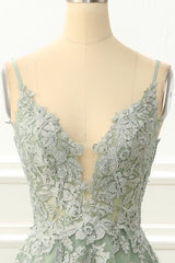 Spaghetti Straps Tulle Green Prom Dress with Appliques