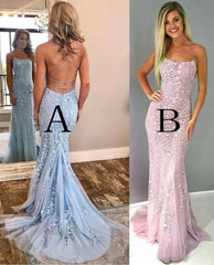 Spaghetti Strap Light Sky Blue Mermaid Prom Dresses Backless Formal Dress