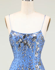 Glitter Blue Spaghetti Straps Beaded Sequins Short Tight Homecoming Dress
