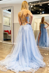 Gorgeous Backless Light Blue Floral Lace Long Evening Dress With Slit Light Blue Lace Formal Dresses