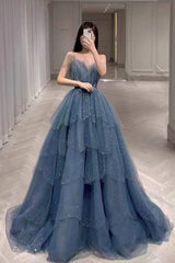 Prachtige blauwe sprankelende tule kralen prom -jurk, gelaagde formele jurk met strass