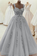 Gorgeous Sweetheart Neck Beaded Gray Floral Lace Evening Dress, Grey Floral Lace Formal Dresses