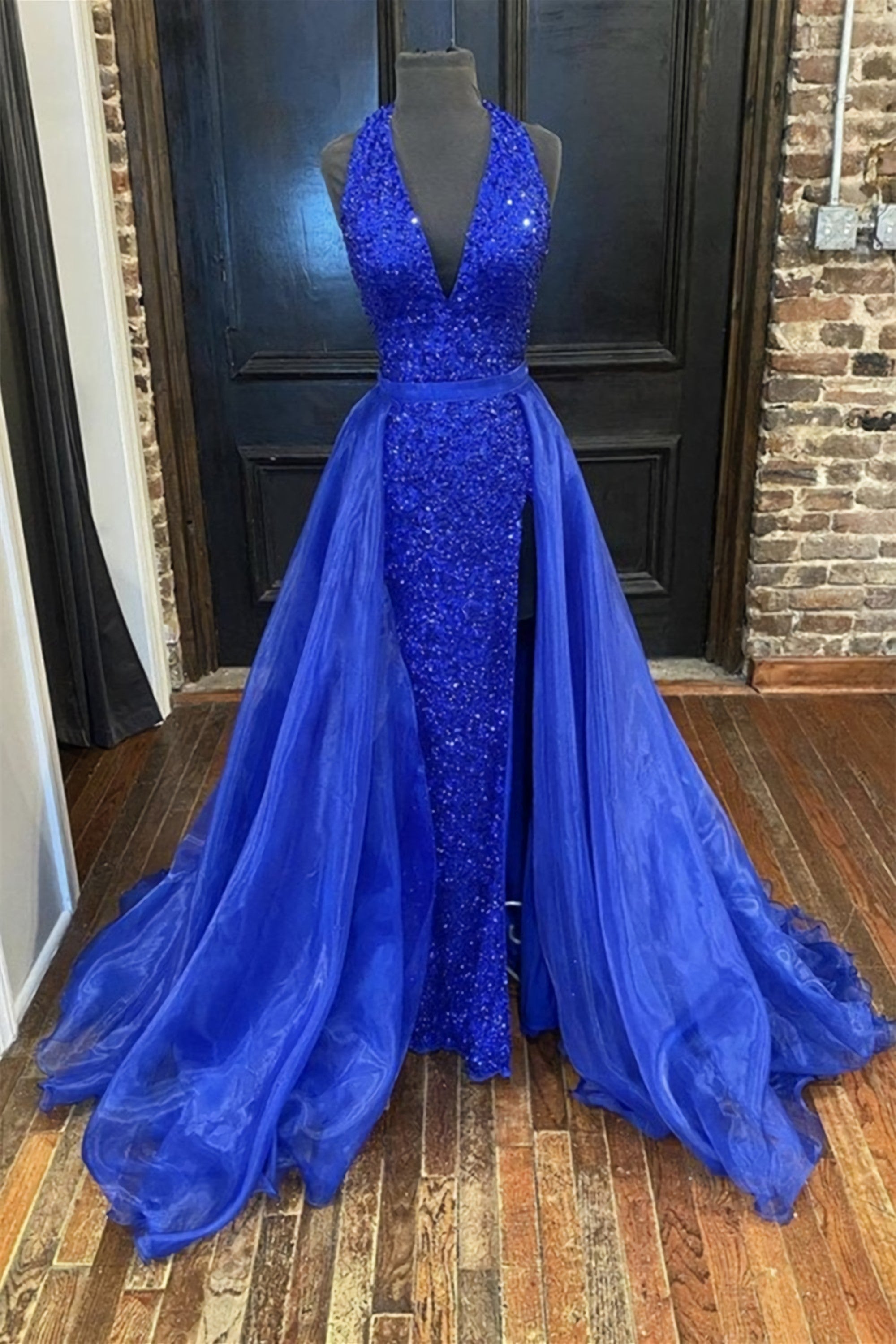 Gorgeous Detachable Train Mermaid Royal Blue Sequins Prom Dress Women Formal Dresses