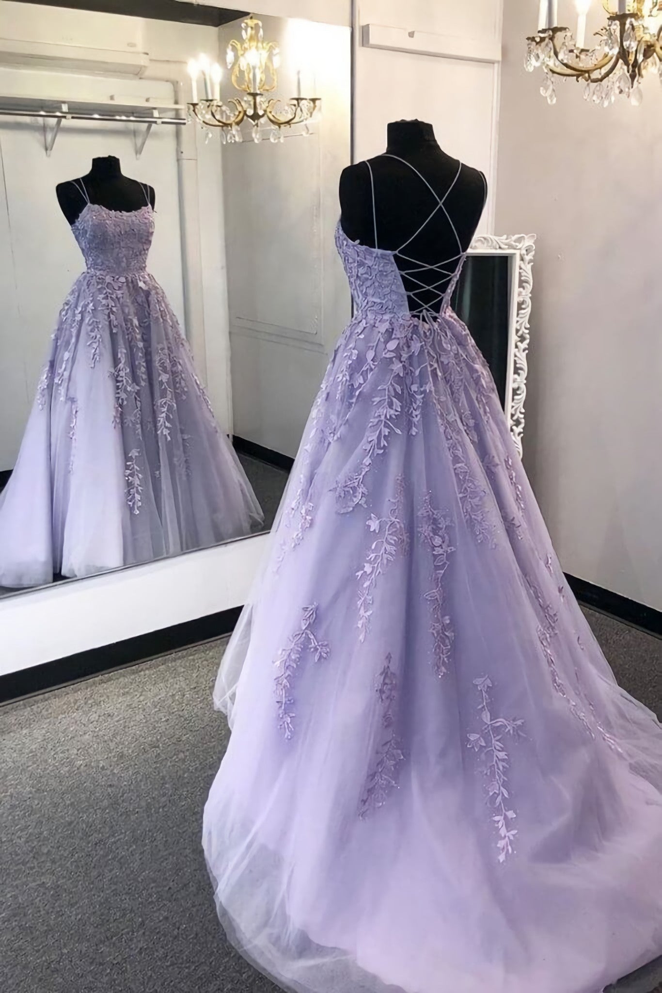 Lilac Lace Applique Prom Dresses Back Open Formal Evening Dress With Train