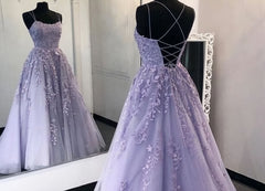 Lilac Lace Applique Prom Dresses Back Open Formal Evening Dress With Train