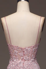 Prom Dresses Silk, Glitter Blush Mermaid Spaghetti Straps Long Prom Dress with Beading